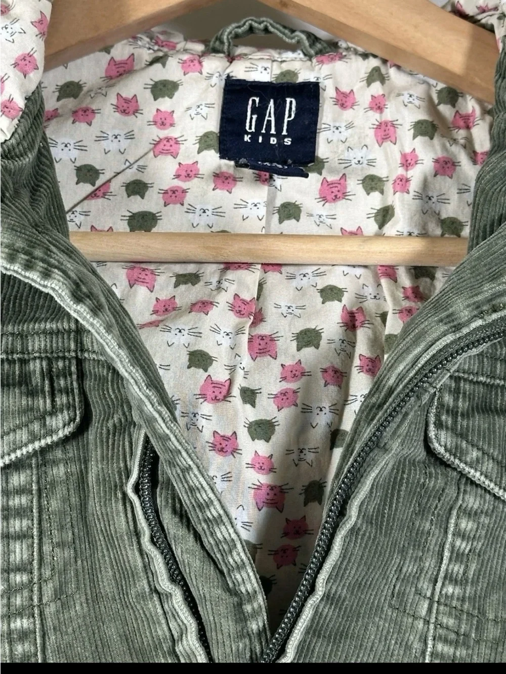 GAP Kids Olive Green Corduroy Hooded Jacket with Floral Lining